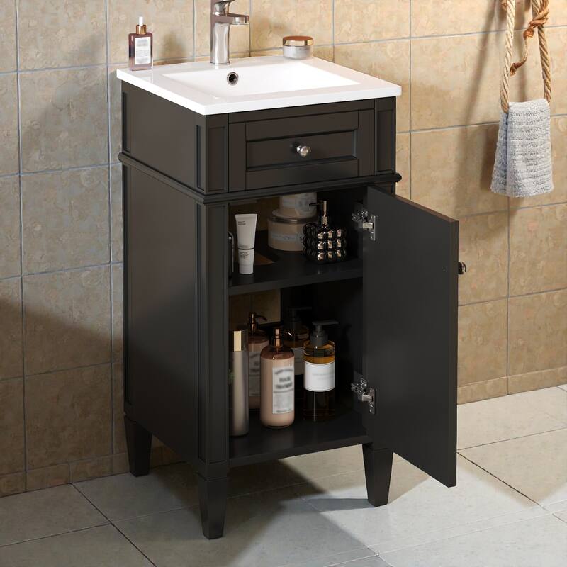 16 Inch Bathroom Vanity with Ceramic Sink, Freestanding Single Vanity, Soft Close Door, French Style Solid Wood Legs