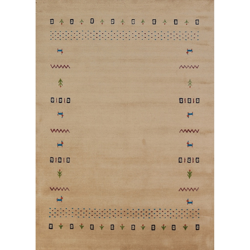 Tribal Gabbeh Oriental Area Rug Hand-Knotted Yellow Wool Carpet - 4'9" x 6'6"