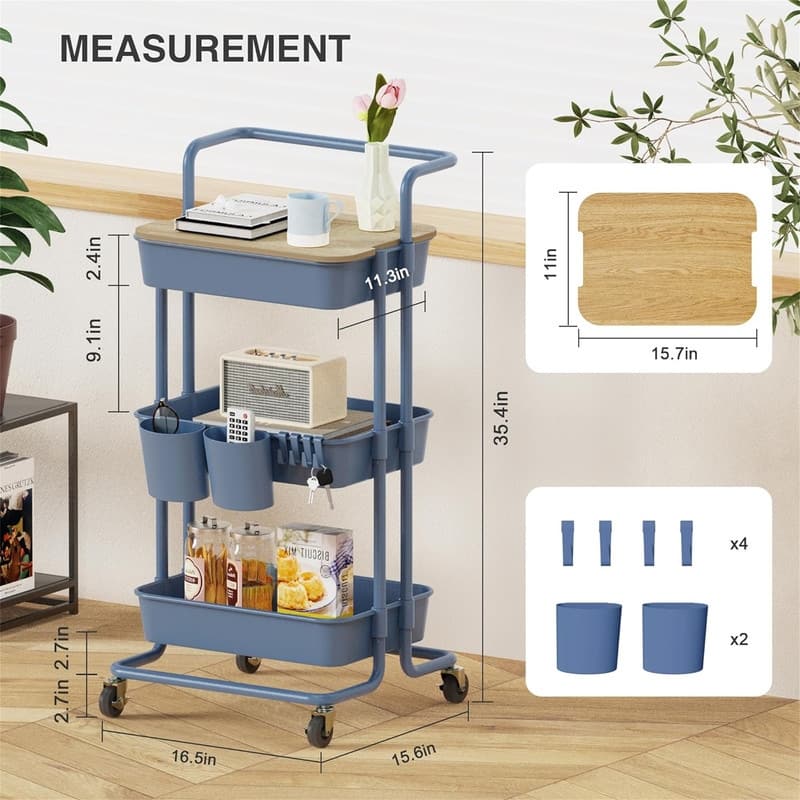 3 Tier Utility Rolling Cart - 15.6"D x 16.5"W x 35.4"H