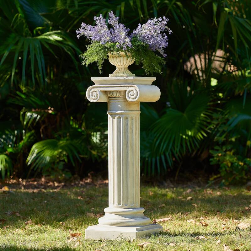 Christopher Knight Home -Saffron Outdoor Handcrafted Greco-Roman MGO Pedestal Column Stand, Fluted Detailed Design - 39.3"H - Antique White - 39.3"H