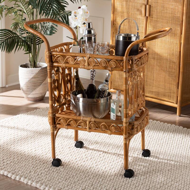 Diwata Modern Bohemian Natural Brown Rattan Kitchen Cart