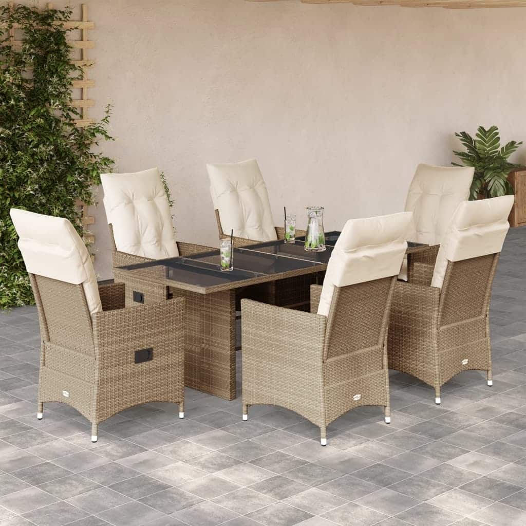 vidaXL 7 Piece Patio Dining Set with Cushions Beige Poly Rattan - 74.8" x 31.5" x 29.5"