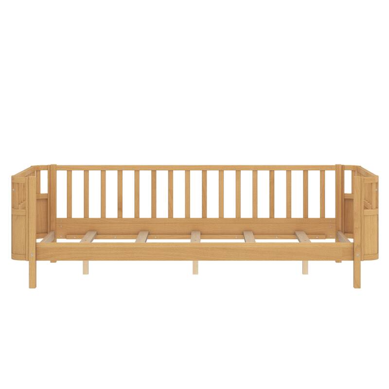 Multi Size Low Platform Bed for Kids with Rounded Corners Guardrails, Detachable Right-side Fence and Open Left-side Design