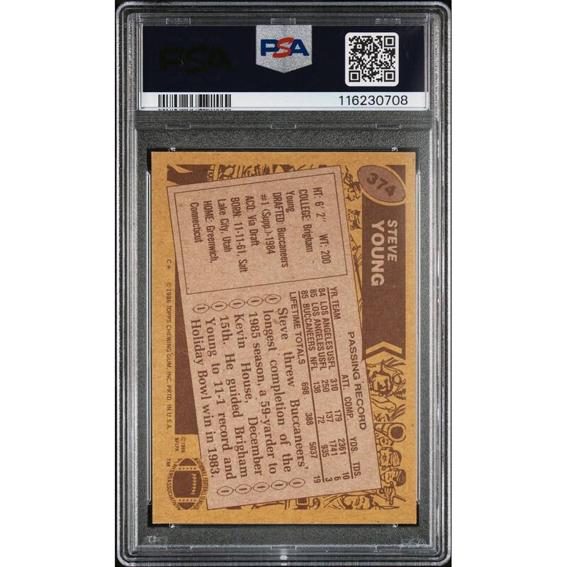 Steve Young 1986 Topps Signed Football Rookie Card #374 Auto Graded PSA 10 Cert # 116230708 - 8' x 11'
