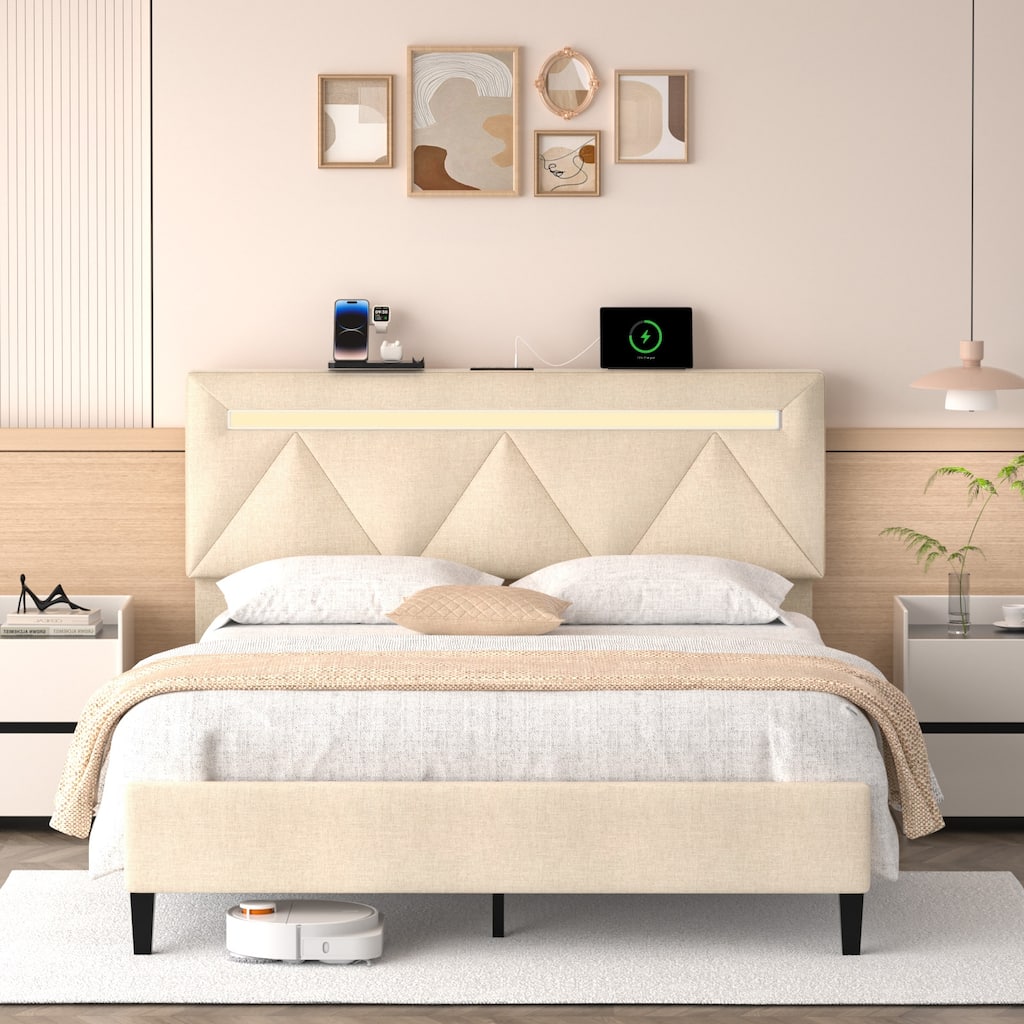 Full Bed Frame with Headboard, Charging Station & LED Lights, Upholstered Platform, Noise-Free, Easy Assembly
