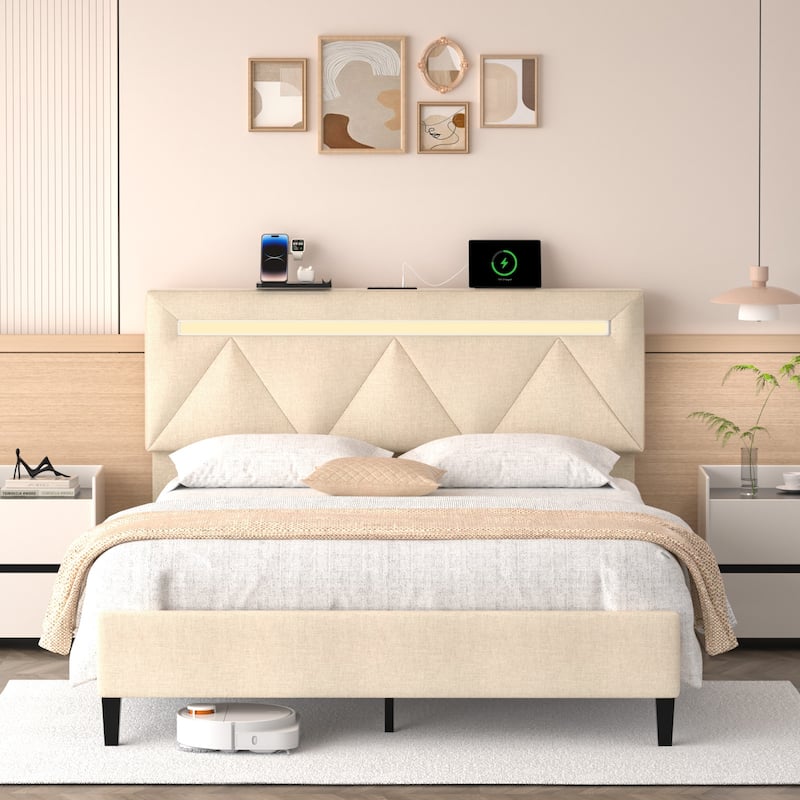 Full Bed Frame with Headboard,Upholstered Platform Bed Frame Full Size with Charging Station & LED Lights,Wooden Slats Support - Beige