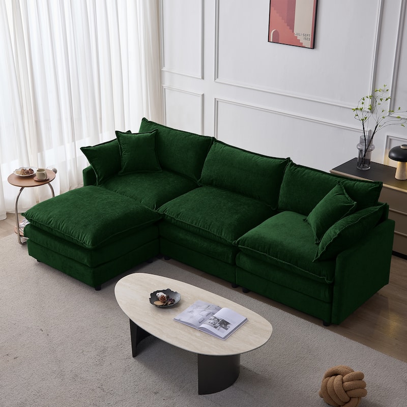 Chenille Upholstered L-shaped Sectional Sofa 3 Seater Modular Couch with Ottoman, Pillows and Double Layer Seat Cushions