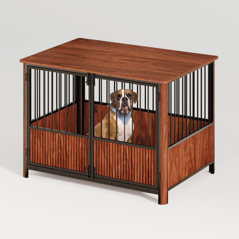 43'' Fluted Wood Dog Crate with 3 Doors, Indoor Decorative Dog Crate End Table, Dog Kennel Cage for Small to Medium Dogs
