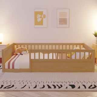 Full Size Wood Kids Floor Beds Frame with Fence and High Guardrails