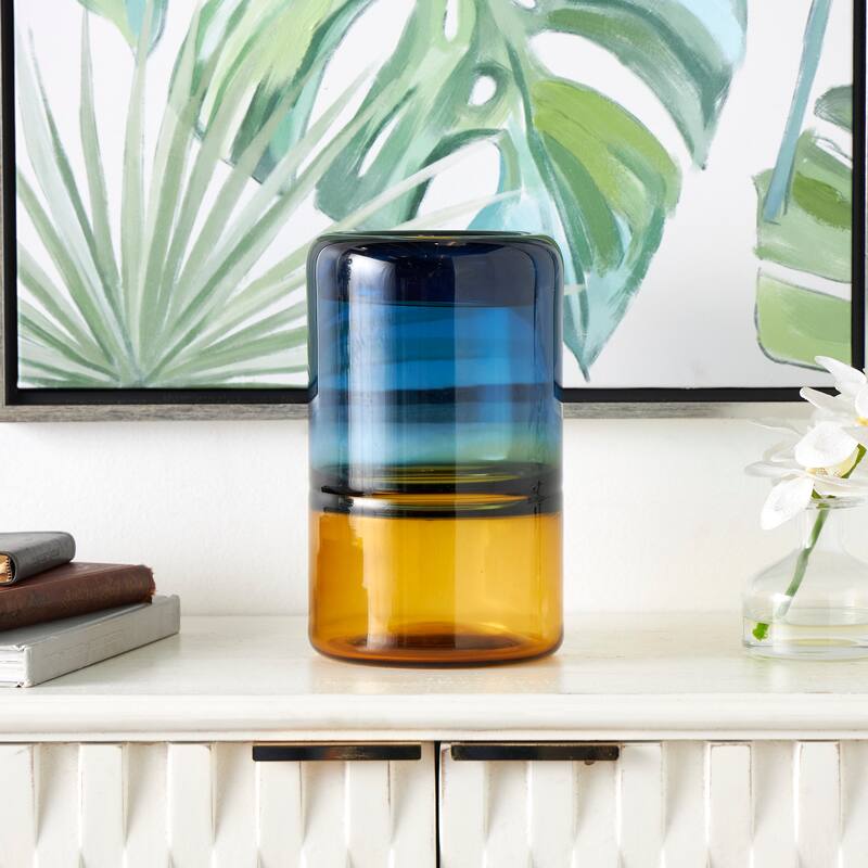 Blue Glass Handmade Ombre Vase with Yellow Base - Blue - 8"W, 12"H