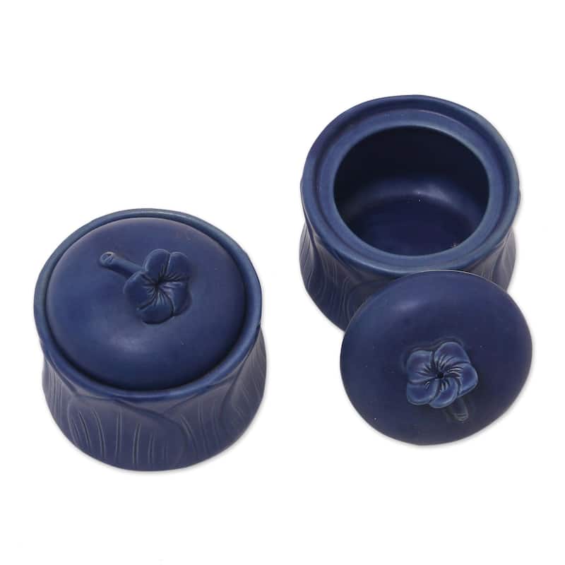 NOVICA Handmade Blue Frangipani Ceramic Condiment Jars, Set of 2 (Indonesia) - 3.1