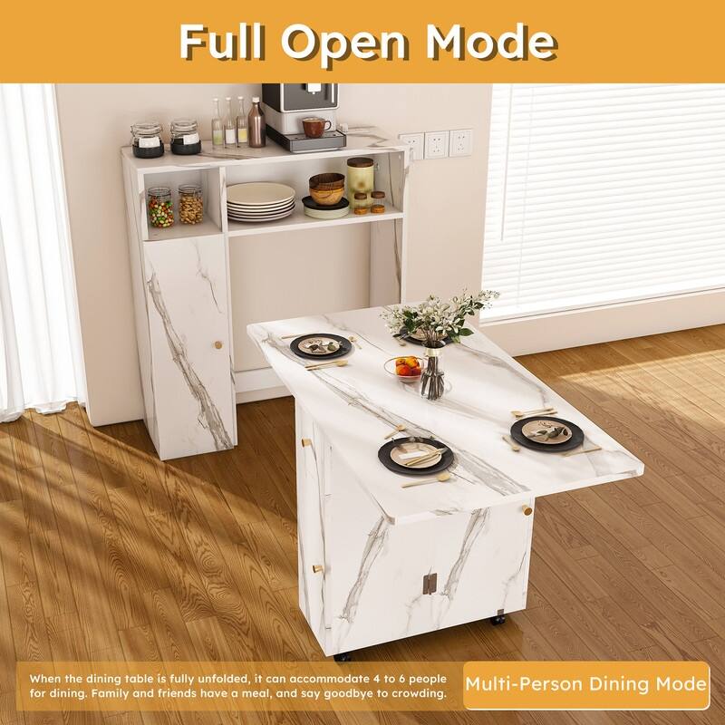 Folding Dining Table and Storage Sideboard with Charging Station， Multifunctional Space-Saving Kitchen Table with Wheels