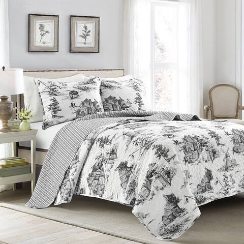 Lush Decor French Country Toile Cotton Reversible 3 Piece Quilt Set