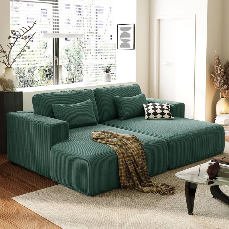 Oversized Double Chaise Lounge Sofa, Comfy Full-Compressed Sleeper Sofa Bed, Corduroy Upholstered Sofa Bed with 2 Pillows - Green