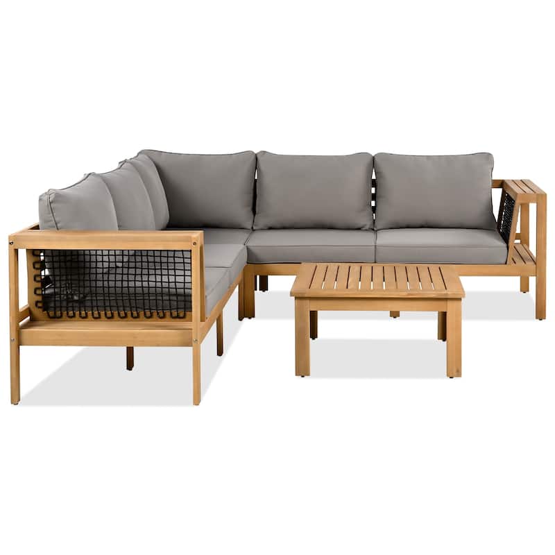 4-Piece Acacia Wood L-Shaped Patio Sofa Set with Side Table For 5
