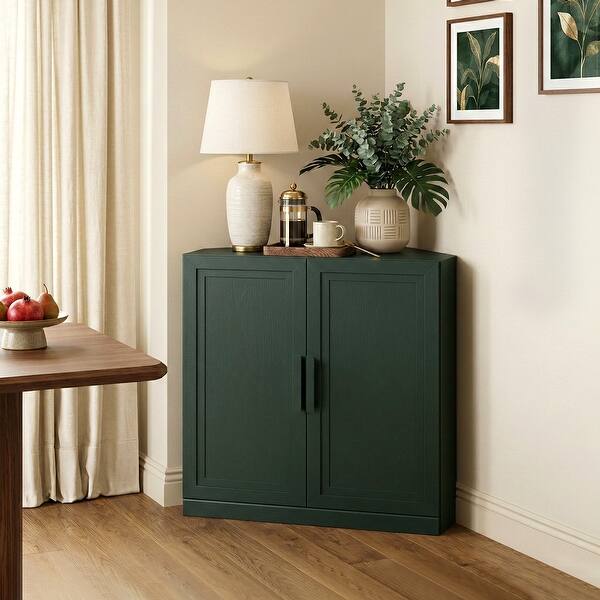 slide 2 of 6, 31"H Corner Sideboard Cabinet Free-Standing Corner Storage Organizer Green