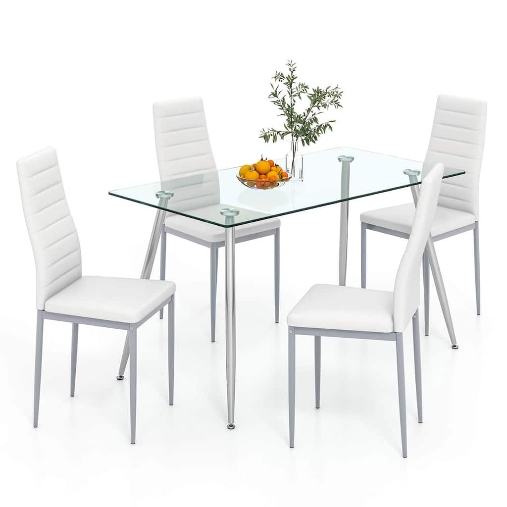 Gymax 5 PCS 51'' Rectangle Dining Set 0.3'' Thick Glass Table w/ 4