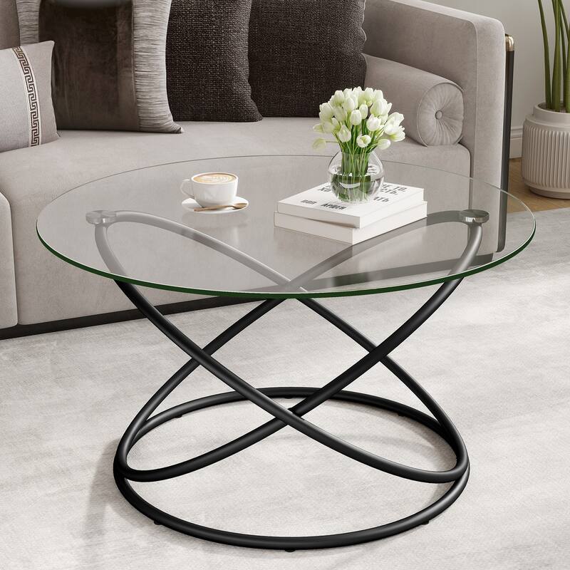 Tempered Glass Top Round Coffee Table with Metal Base - Black Leg