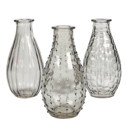 Grey Vintage Glass Bud Vases, Home Decor, Centerpieces, 3 Pcs, 5.75" x 2.75" - 5 3/4" x 2 3/4"
