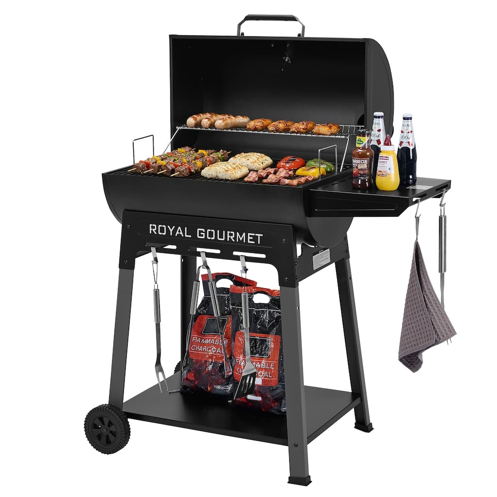 Royal Gourmet CC1831 Barrel Charcoal Grill with Side Shelf, Sturdy Side Shelf & Bottom Shelf, 626 Sq. In. Cooking Area