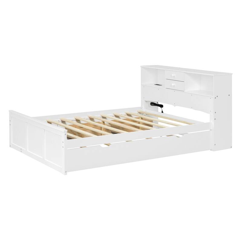 HomeRoots White Wood Full Bed Frame With Trundle And Drawers