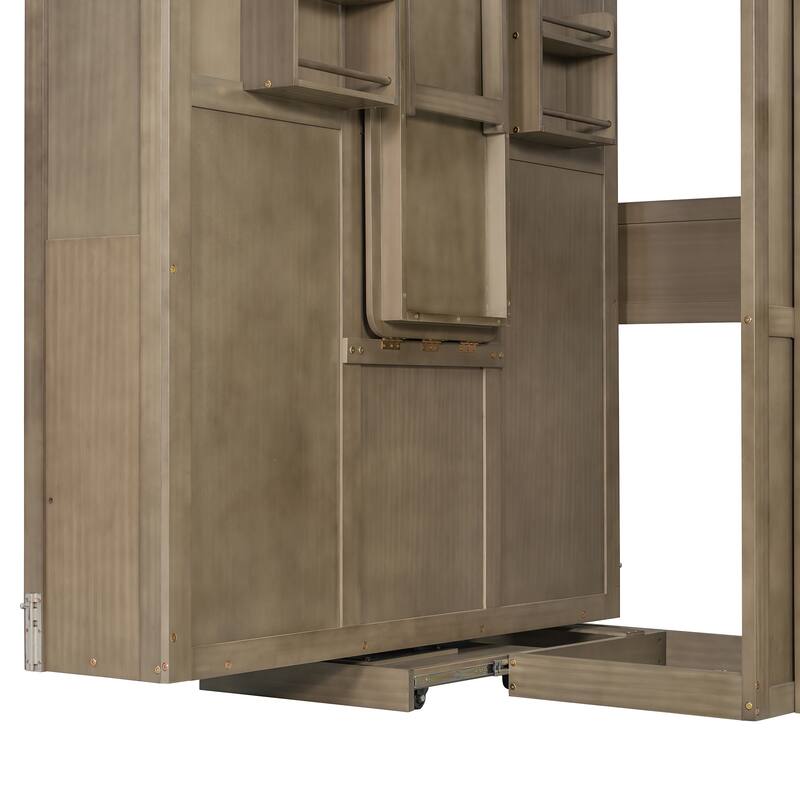 Rotating Queen Size Murphy Bed Foldable Bed Frame with Hidden Wall Cabinet, Side Shelves, Convertible Desk and Bookshelves