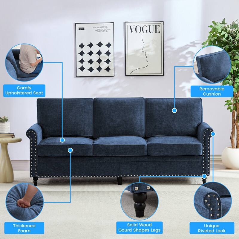 Mixoy Chenille Living Room Sofa,Modern 3-Seater Sofa Couch,Unique Riveted Look