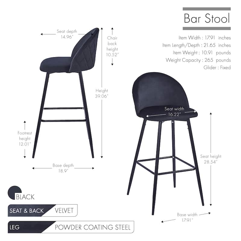 Porthos Home Eisele Bar Stools Set of 2, Velvet Upholstery, Steel Legs
