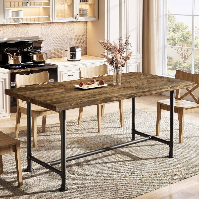 63-Inch Solid Wood Dining Table for 4-6, Rectangular Kitchen Table with Metal Footrest & Sturdy Metal Frame for Dining Room - Brown