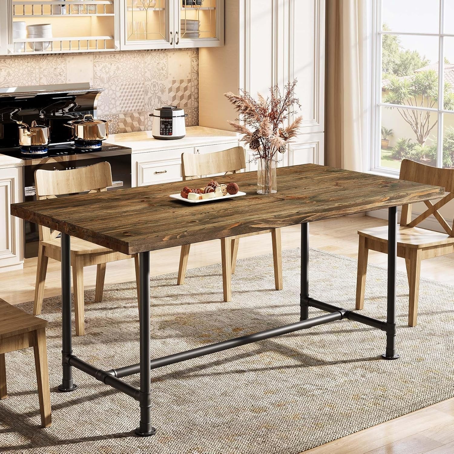 63-Inch Solid Wood Dining Table for 4-6, Rectangular Kitchen Table