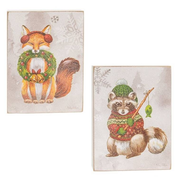 Multi-Color Wooden Winter Woodland Signs with Fox & Raccoon Design, 2 Asstd. - 5 x 1.50 x 7 in. - Multi Color