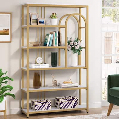 6 Shelf Etagere Bookcase Bookshelf 71 inch Tall Modern Bookshelves, Gold and White