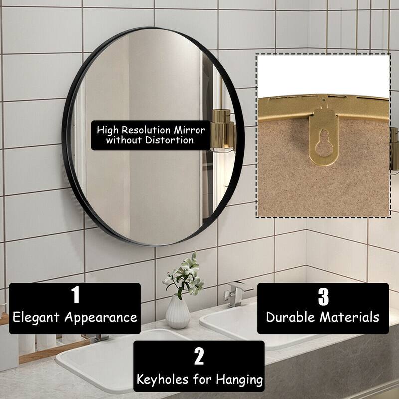 Modern Black Round Wall Mirror for Bathroom and Living Room - 27.5" L × 1.5" W × 27.5" H
