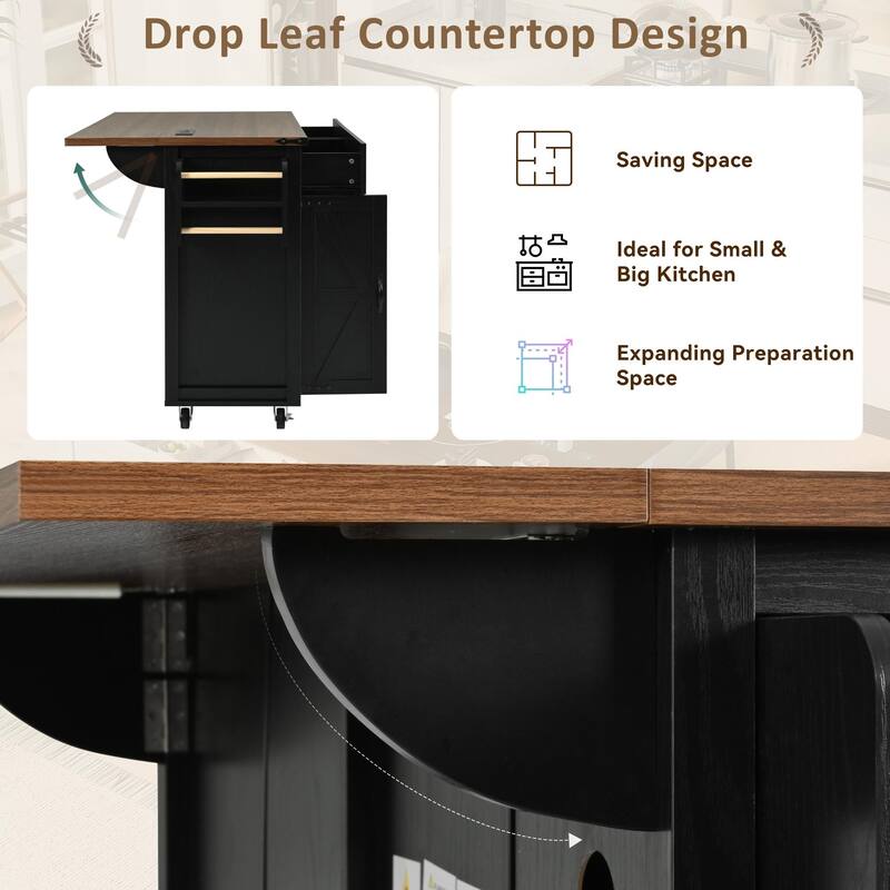 Portable Storage Kitchen Island with Drop Leaf, Rolling Black Kitchen Cart with Adjustable Shelves and Spice Rack