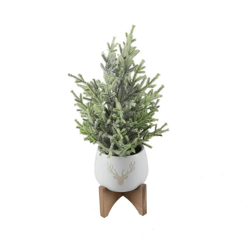 15.75"H Frosted Xmas Tree in 5" Staghead Ceramic on Wood Stand