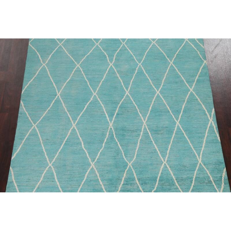 Turquoise Trellis Moroccan Vegetable Dye Area Rug Handmade Wool Carpet - 6'4" x 9'5"