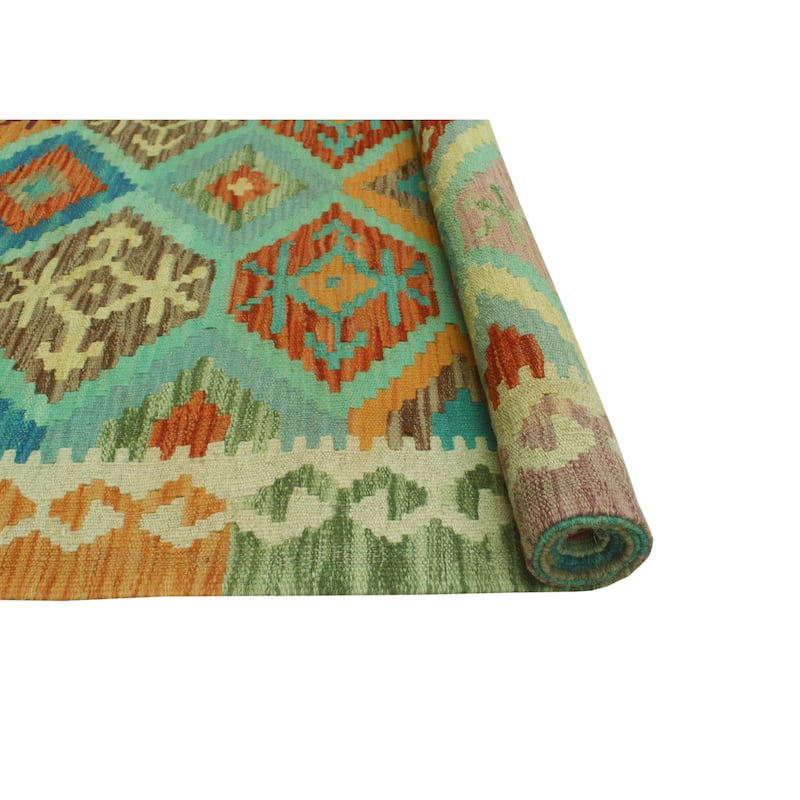 Sangat Flatweave Minoo Turquoise/Orange Rug - 6'3" x 9'7"