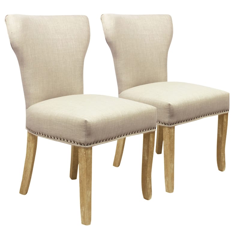 Set of 2 Ivory Upholstered Fabric Dining Chairs with Natural Wood Legs - 26" x 22" x 37" - Ivory-Natural
