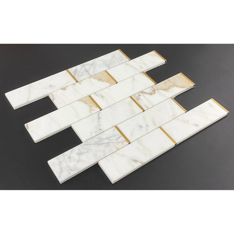 Calacatta Gold and Gold Metal Brick Marble Wall and Floor Mosaic - 1 Case (10 Sheets)