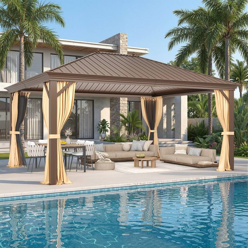 Pro Series Outdoor Hardtop Gazebo Pergola | Galvanized Steel Roof & Aluminum Frame | Includes Premium Curtains & Netting