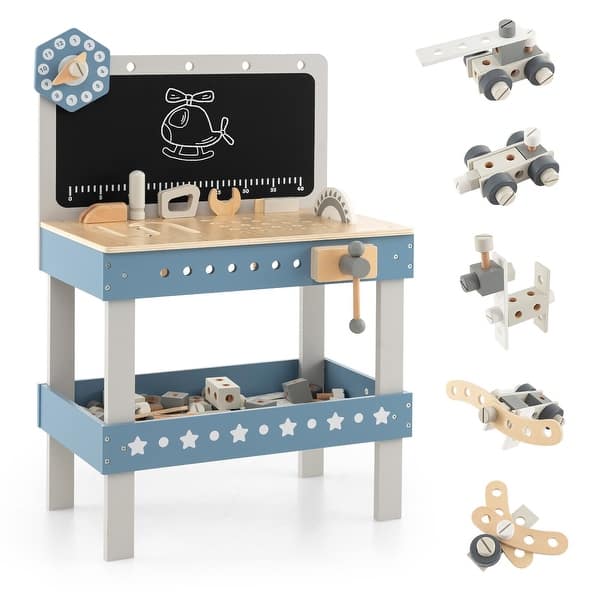 slide 2 of 10, Gymax Kids Wooden Play Tool Workbench Workshop Table Pretend Play with Blue