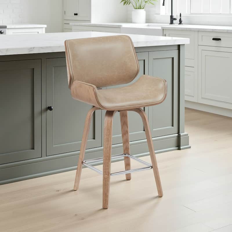 Tyler Mid-Century Swivel Bar Stool, Upholstered Counter Height Chair with Bentwood Legs - Vintage Brown & White Wash - Counter Height