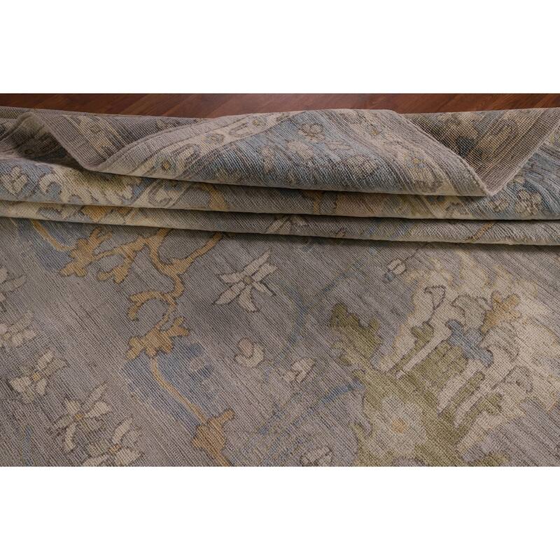 Vegetable Dye Oushak Turkish Area Rug Handmade Floral Grey Wool Carpet - 9'1" x 11'11"