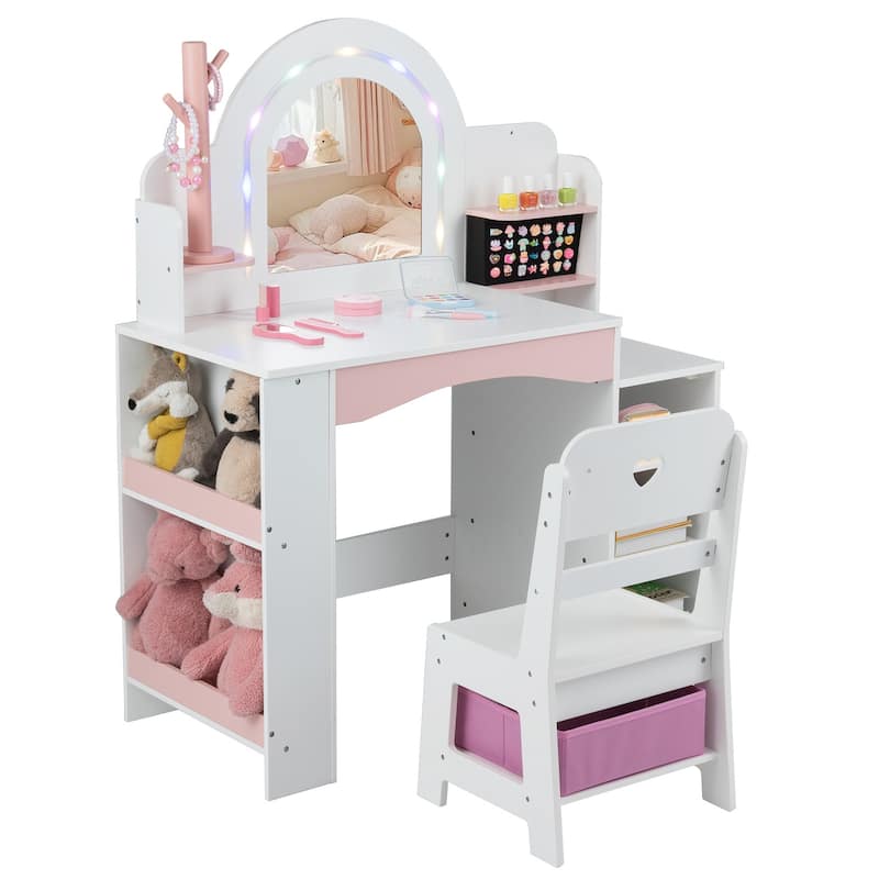 Gymax Kids Vanity Desk w/Mirror & Lights Princess Pretend Play Makeup - White