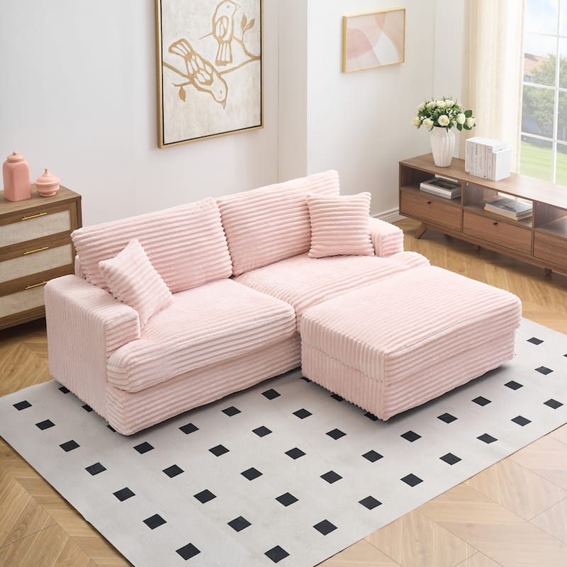 L-shaped Sectional Sofa with Chaise Lounge Corduroy Lazy Loveseat Couch with Storage Ottoman and Pillows for Living Room - Pink