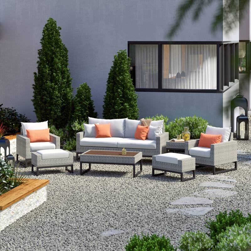 Milo Gray 7 Piece Sunbrella Outdoor Patio Deep Seating Set with Table