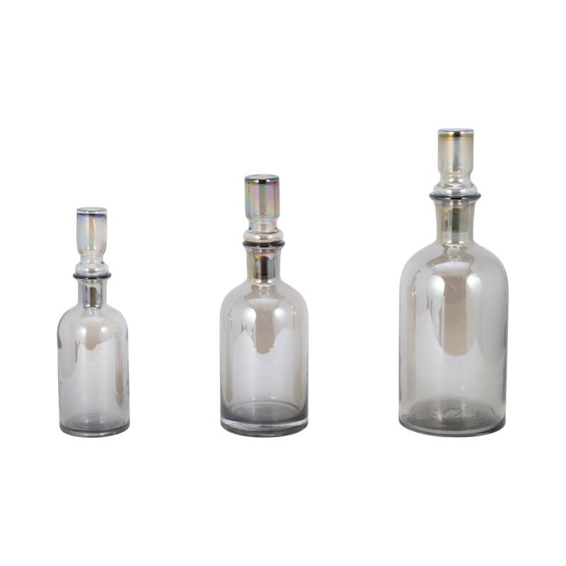 Sagebrook Home Callum Gray Glass Bottles, Grey, Cylinder, 16"H, Clear, 13/14/16", Set Of 3