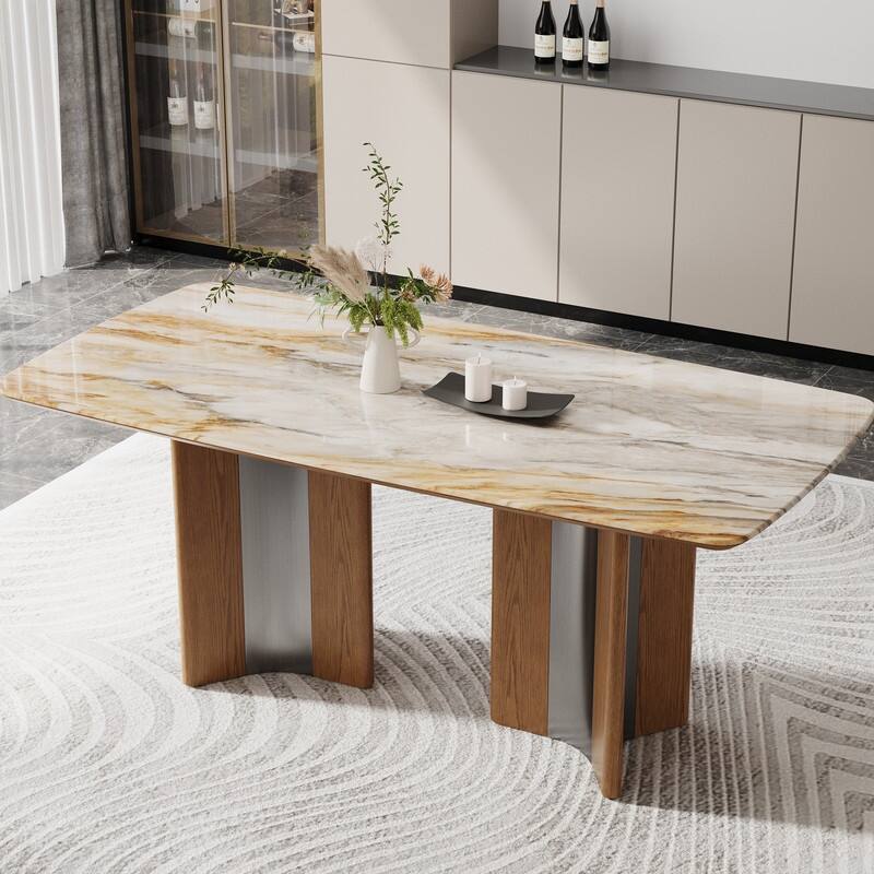 63" Modern Faux Marble Dining Table, Luxury Rectangular Kitchen Table with Wood & Metal Base, Seats 4-6