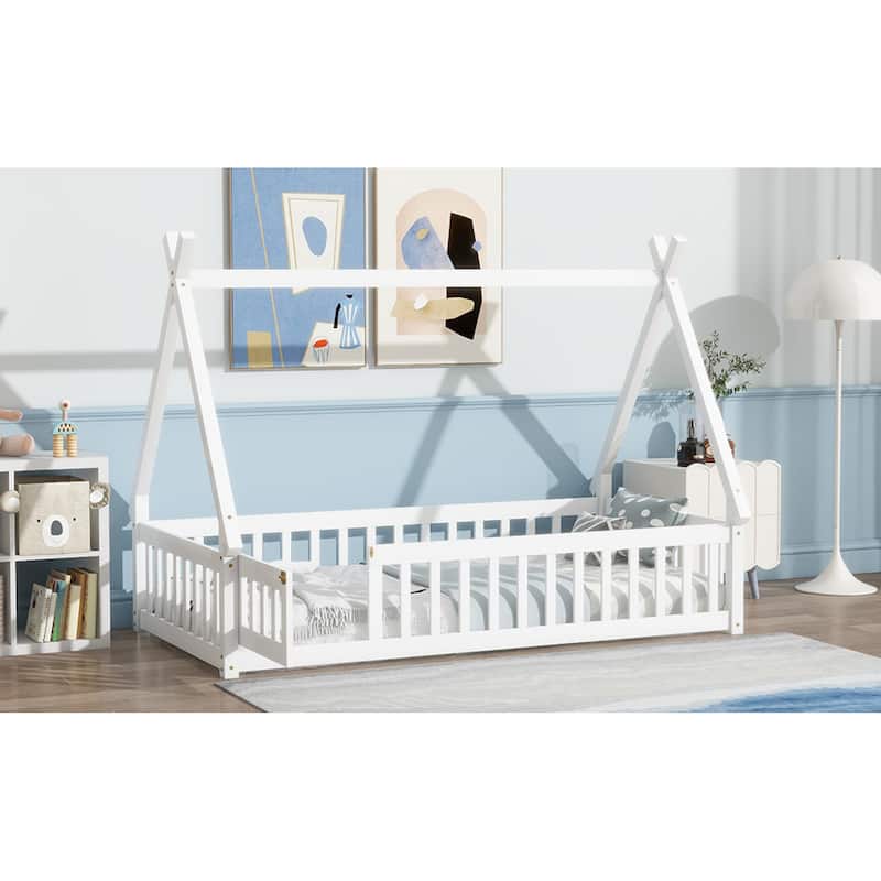 Roomfitters Twin/Full Tent-Shaped Floor Bed with Teepee Frame, Rubber Wood Platform with Guardrails, Slats and Door