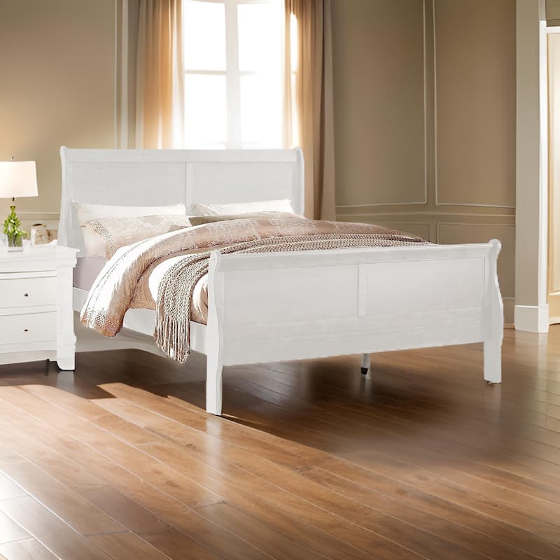 Nin King Size Sleigh Bed, Minimalist Style Headboard, Classic White Wood